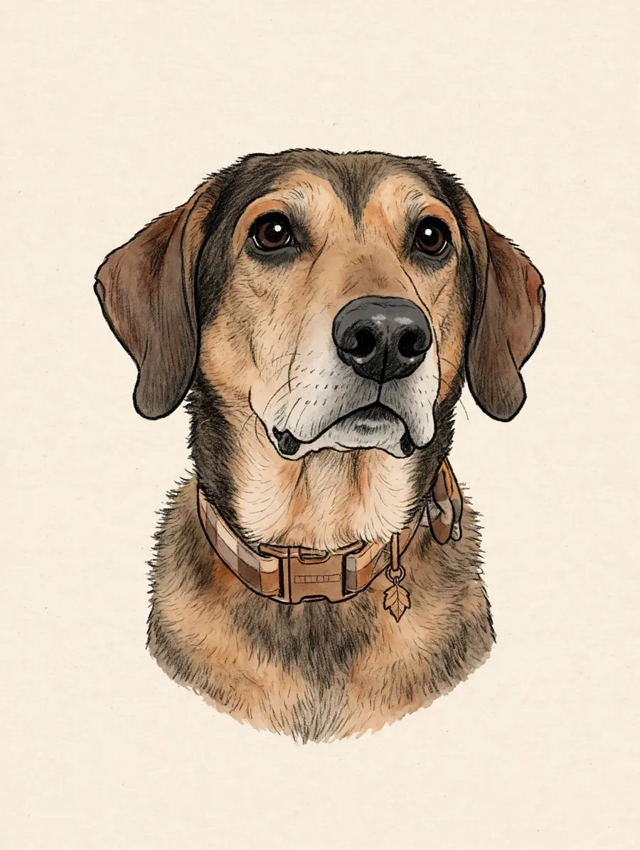 Caricature portrait of Maki, the brown dog who inspired Squeakless