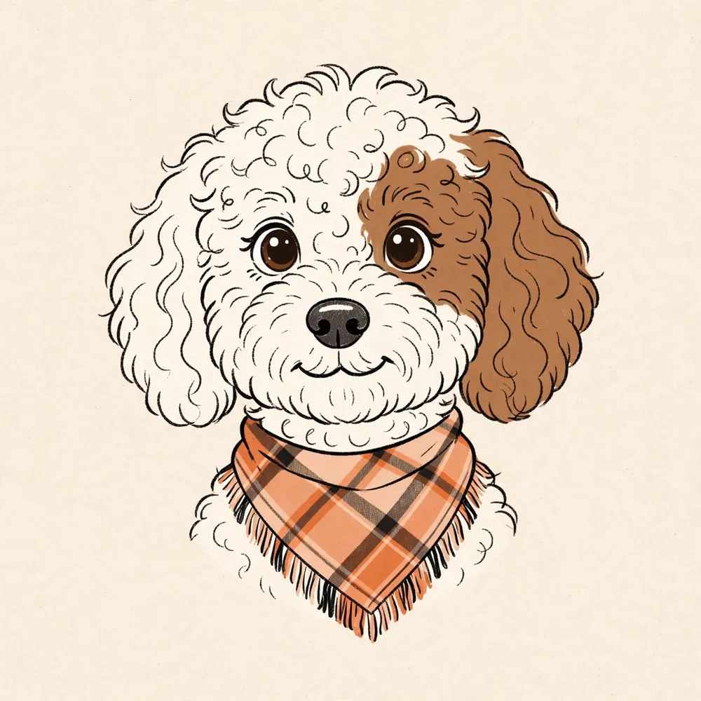 Caricature portrait of Nori, a white-and-brown parti doodle wearing a plaid bandana
